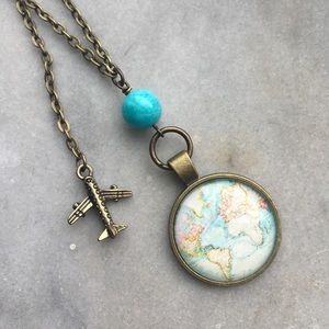 NWT Turquoise Map and Airplane Travel Necklace